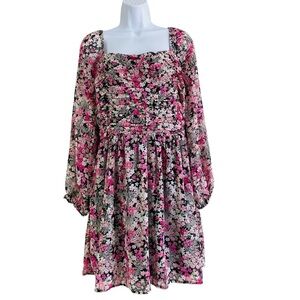 Midnight Doll Floral Chiffon Square Neck Long Sleeve Dress Size S